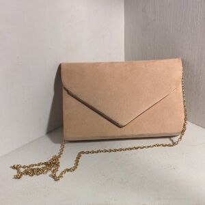 Nude Suede Envelope Clutch with Gold Chain